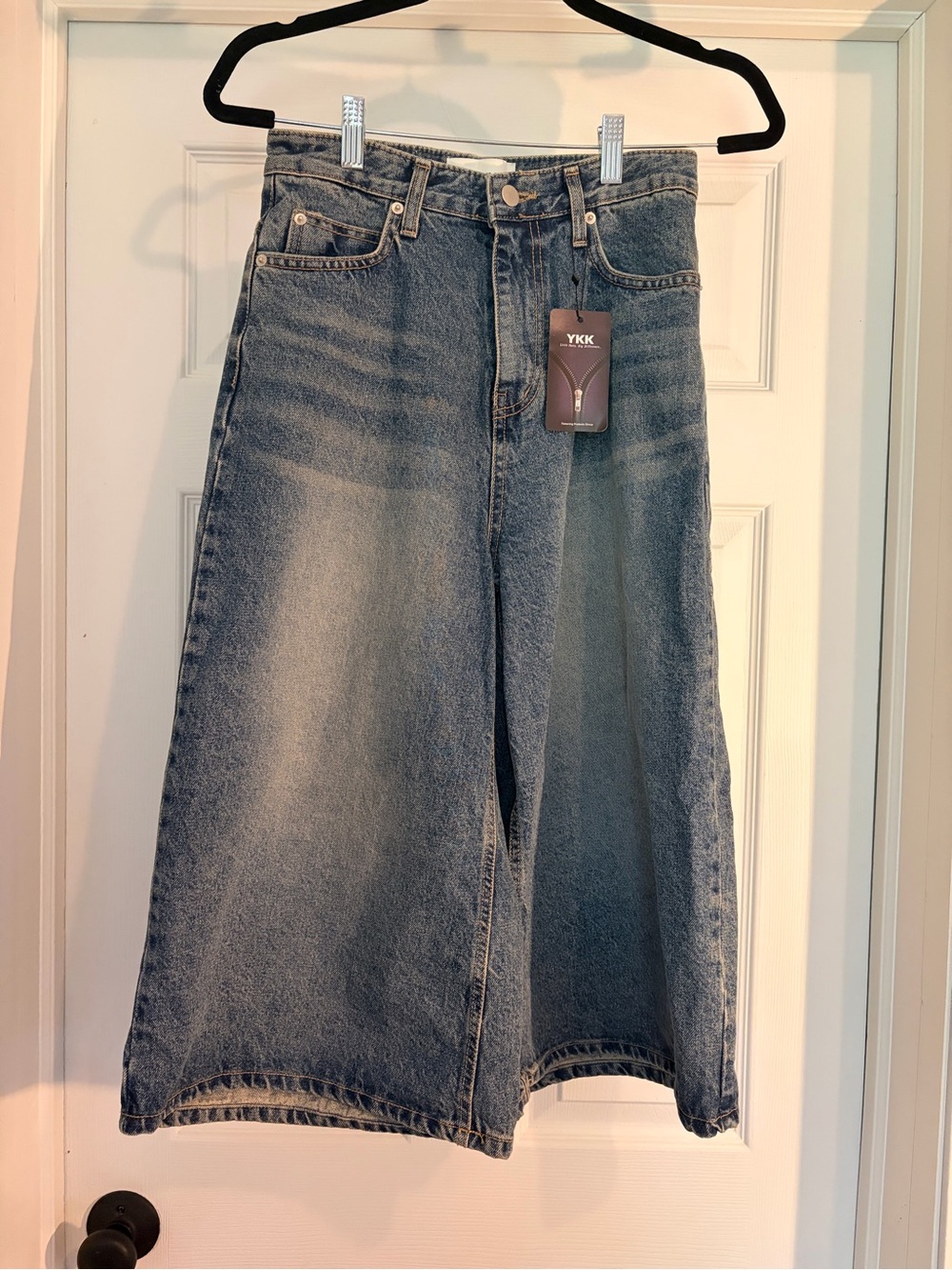 Ecru Wide-Leg Denim Shorts in Washed Blue Knee Length